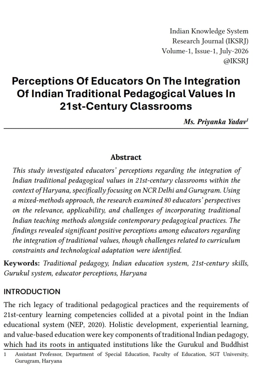 Perceptions Of Educators On The Integration Of Indian  Traditional Pedagogical Values In 21st-Centur
