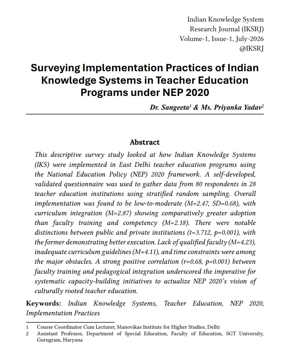 Surveying Implementation Practices of Indian Knowledge  Systems in Teacher Education Programs under 