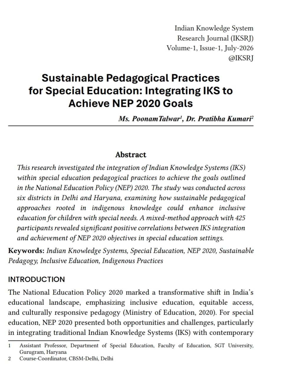 Sustainable Pedagogical Practices for Special Education:  Integrating IKS to Achieve NEP 2020 Goals